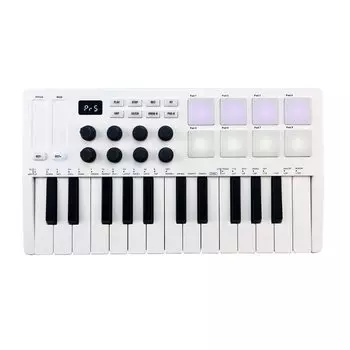 Btuty 25 клавиш MIDI-клавиатура с управлением Мини Портативная USB-клавиатура MIDI-контроллер 25 клавиш, чувствительных к скорости нажатия 8 пэдов с подсветкой RGB 8 ручек