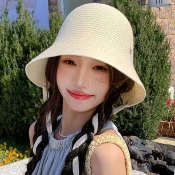 Bucket Hat Women s 2025 New Arrival Summer Thin Split Bows Bucket Hat Show Face Little Wild Sun-Proof Basin Hat Beige