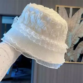 Bucket Hat Women s 2025 New Arrival Summer Korean Style Lace Ruched Fashionable and Beautiful Bucket Bucket Hat Makes Face Look Smaller Beige