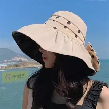 Bucket Hat Women s Summer Korean New Hat Fashion Casual Sun Hat Wide Brim Vinyl Sun Hat Bows Beige One size