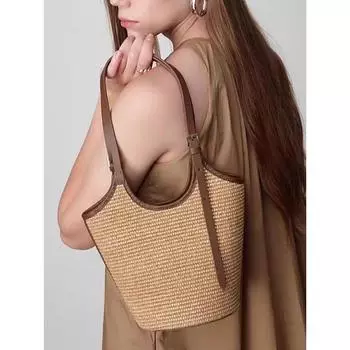Bucket Straw Woven Bag 2025 New This Year Popular Niche Design Shoulder Woven Underarm Bag Women Summer All-Matching Brown
