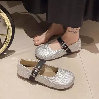 Buckle Belt Mary Jane Shoes Female Sewing Leather 2024 New Ballet Shoes Women Round Toe Flats Ladies Shoes Zapatos De Mujer 35 бежевый