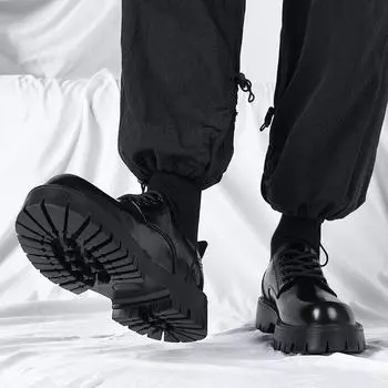 Buckle low heel men s shoes custom casual style round head black low tube leather shoes men s business thick sole heightening and velvet customization 38 чёрный