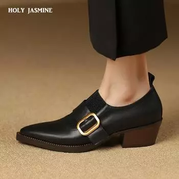 Туфли-лодочки для женщин с пряжкой, новинка 2024 года, из натуральной кожи, с острым носком, на толстом каблуке, женские, весна-лето, офисное женское платье 34 чёрный