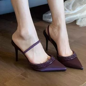 Buckle Strap Rhinestones Decorations High Heel Shoes Black Satin Pointed Toe Pumps Women Stiletto Heels 35