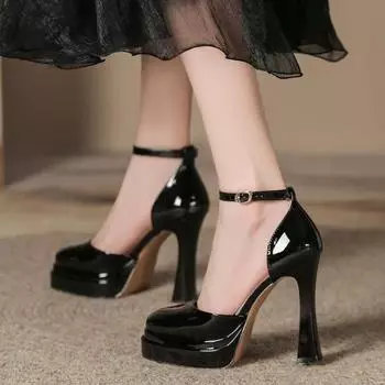 Buckle waterproof table Mary Jane shoes autumn new bright leather hollow fashion single shoes women s high heels 35