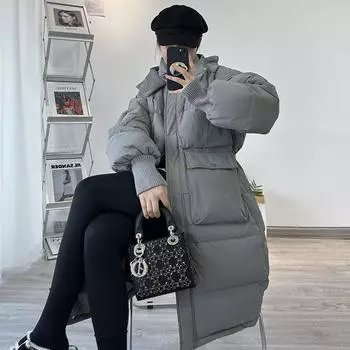 Bud hat пуховик женский средний и длинный новый утолщенный капюшон большой карман прошитый рукав теплая куртка выше колена S серый