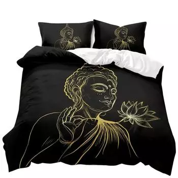 Buddha Duvet Cover Set Exotic Ethnic Bohemian Golden Black Lotus Flowers Bedding Set Double Queen King Polyester Qulit Cover 70x133cm 2pcs