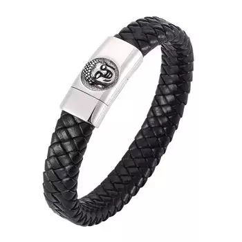 Buddha Head Bracelet Black Leather Bracelet Steel Clasp Punk Men Jewelry Wristband Bangle 165mm чёрный