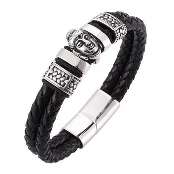 Buddha Head Jewelry Men Genuine Leather Bracelet & Bangle Accessories Steel Clasp Men Bracelet Lucky Jewelry 165mm чёрный