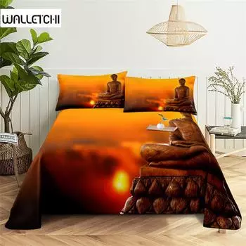 Buddha Statue Bedding Digital Printing Polyester Bed Flat Sheet with Pillowcase Print Bedding Set 200X200cm 3pcs&Flat Sheet