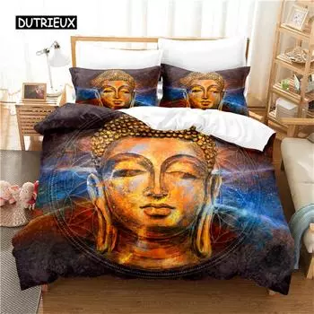 Buddha Statue Bedding Set Buddhas Duvet Cover Set Comfort Cover Buddhism Bless You for Friends Gift Bedroom Decoration Women Men 150x200cm 3pcs
