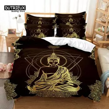 Buddhism Bedding Set, 3Pcs Duvet Cover Set, Soft Comfortable Breathable Duvet Cover, For Bedroom Guest Room Decor EU single(135x200cm)