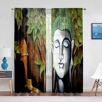 Buddhist Buddha Statue Golden Light Sunset Thin Curtain for Living Room Kitchen Window Bedroom Decor Curtains Rod Pocket 2panels (W50H130cm)-2pcs&Hook