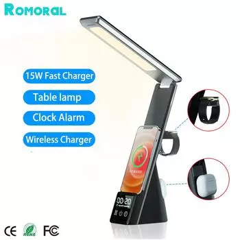 Будильник, подставка для беспроводного зарядного устройства со светодиодной настольной лампой, станция быстрой зарядки 15 Вт для Iphone 13 12 11 Pro Apple Watch Airpods No Plug Black чёрный