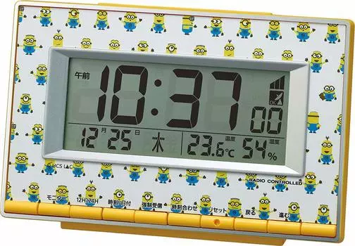 Будильник RHYTHM Minion с радиочасами, датчиками температуры и влажности, электронный звуковой будильник, желтый 8RZ221ME33 9,4x14,6x4 см