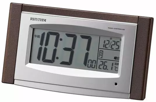 Будильник RHYTHM, радиочасы, электронный звуковой будильник, календарь температуры, солнечный вспомогательный источник питания со светло-коричневым цветом 8RZ190SR06 8,1x15x5,3 см
