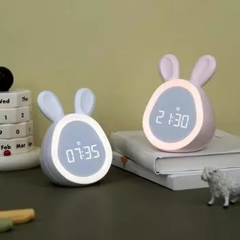 Будильник с мультяшным кроликом, регулируемая яркость, перезаряжаемый большой дисплей, настольные цифровые часы, ночник с кроликом, подарок для детей и студентов розовый