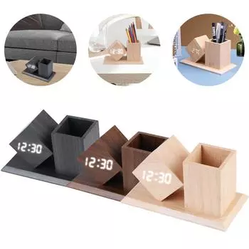 Будильник с температурой светодиодные часы держатель ручки голосовое управление деревянные студенческие светодиодные цифровые на батарейках офисное украшение Black Wood