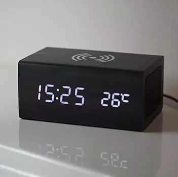 Будильник WOOD SHOW Стильный настольный цифровой настольный смартфон с зарядкой для интерьера с деревянным многофункциональным беспроводным дисплеем будильника с голосовым термометром