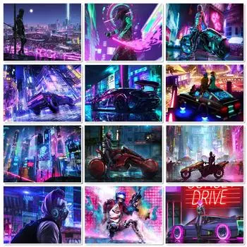 Будущее Научно-фантастический Киберпанк Художественный Плакат Ночной Город Уличный Пейзаж Холст Картина Спортивный Автомобиль Настенная Картина для Домашнего Декора Комнаты 21x30 No Frame