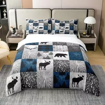 Комплект постельного белья в клетку Buffalo для декора каюты Queen, одеяло с изображением диких животных, пододеяльник Queen King Size, пододеяльник из 3 предметов EU single(135x200cm)