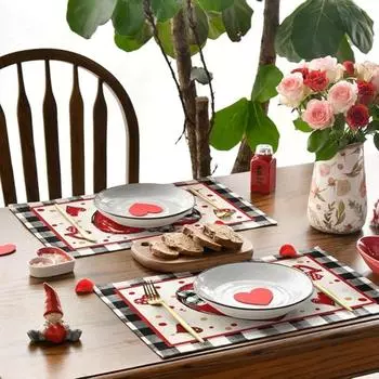 Buffalo Plaid Red Heart Valentine s Day Placemats Table Runner Seasonal Bow Tie Table Mats for Party Kitchen Dining Decoration 1PC красный