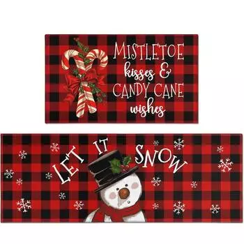 Buffalo Plaid Snowman Christmas Kitchen Rugs and Mats Let It Snow Xmas Winter Holiday Decor Non Skid Rug for Home Kitchen Carpet 1PC-40X60cm-16x24in