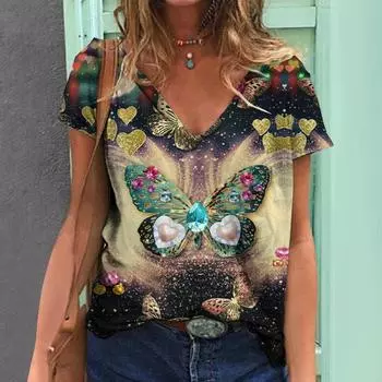 Bufferfly Print Fashion Женская блузка 2023 Футболка Топ Женские топы с коротким рукавом Футболки 3D Print Женская одежда Футболка Свободные футболки S