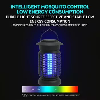 Bug Zapper для улицы и помещения — электрическая ловушка для комаров, 18 Вт, 368 нм, фиолетовый свет, бесшумная мухоловка US Plug чёрный