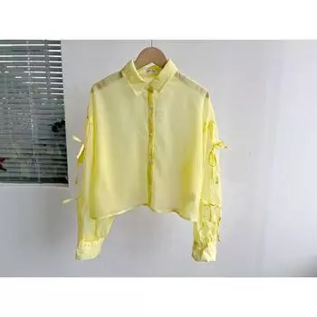 Building 5A-13 Slightly Transparent Bow Simple Temperament Loose Top Comfortable Casual All-matching Shirts Advanced Y25-3 Yellow M