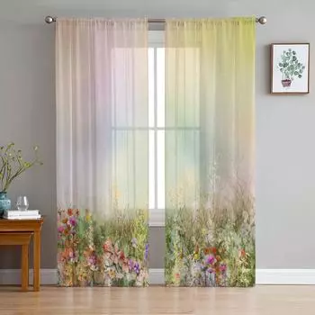 Букет цветов Акварельная живопись Прозрачные шторы для гостиной Украшение оконных штор Кухонные шторы Тюль Вуаль W135 x H115cm x1