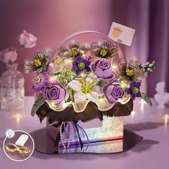 Букет цветов Конструктор Розовая Фиолетовая Роза Корзина Светодиодная Подсветка Мини-Блоки Игрушки Подарок для Любимой Девочки День Святого Валентина День Матери