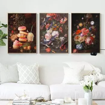 Букет цветов постер и принт винтажная темная картина на холсте настенная художественная картина для гостиной современное украшение интерьера дома 21x30cm No Framed