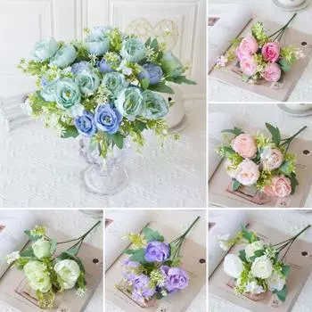 Букет искусственных пионов из 5 головок, реалистичные искусственные шелковые цветы для свадебной вечеринки, домашнего офиса, стола белый