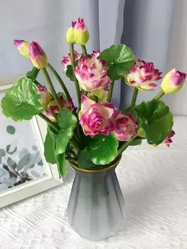 Букет из 5 искусственных цветов лотоса, 3 головки/связка с листьями, настоящий лотос для свадьбы, домашней вечеринки, украшения для гостиной, отеля фиолетовый