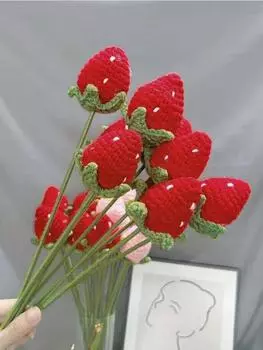 Букет из 6 цветов, связанный крючком, клубничный букет ручной вязки, искусственный шерстяной цветок на День святого Валентина, День матери, День рождения, свадьбу, домашний декор белый