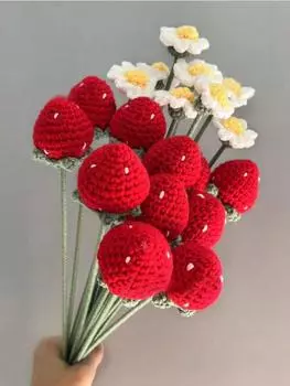 Букет из 6 цветов, связанный крючком, клубничный букет ручной вязки, искусственный шерстяной цветок на День святого Валентина, День матери, День рождения, свадьбу, домашний декор белый