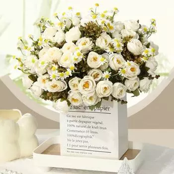 Букет из искусственных цветов с розой, ромашкой, зелеными листьями, реалистичные многоразовые неувядающие украшения для дома, свадьбы, вечеринки, искусственные цветочные растения белый