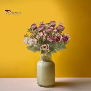 Букет из искусственных цветов с розой, ромашкой, зелеными листьями, реалистичные многоразовые неувядающие украшения для дома, свадьбы, вечеринки, искусственные цветочные растения молочный белый