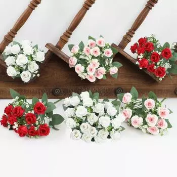 Букет из искусственных роз с зелеными листьями на стебле, реалистичные многоразовые искусственные цветочные растения, украшение для дома, реквизит для свадебной вечеринки красный