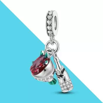 Букет красных роз и подвеска в виде шампанского, подвески, браслет с подвесками, сделай сам, праздничный подарок для женщин, серебристый цвет