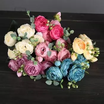 Букеты искусственных цветов для вечеринок, пионы, искусственные цветы, украшения, реквизит для фотосъемки, 5 головок, свадебные розы, дом розовый