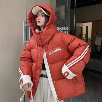 Буква две полосы, пуховик 2024 года, новая модная зимняя утолщенная свободная теплая модная белая пуховая куртка S size 90-60kg белый