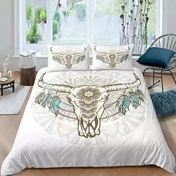 Bull Skull Bedding Set Boho Mandala Duvet Cover for Children Teens Bohemian Feather Print Comforter Cover Animal Skull Pattern EU Single(135x200cm)
