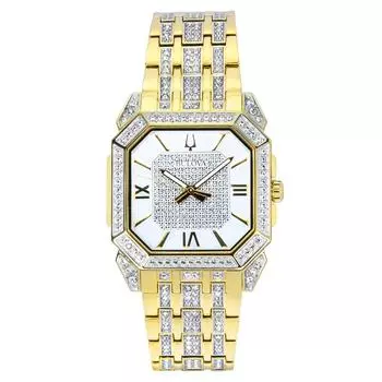 Bulova Octava Crystal Accents Gold Tone Нержавеющая сталь Серебряный циферблат Кварцевые 98A295 Мужские часы серебряный