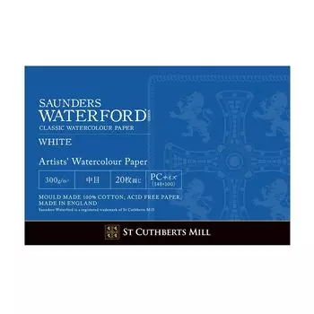 Бумага для акварели Holbein Waterford белая, среднезернистая, 300 г, размер открытки, клеевая подушка, 20 листов, 270920 EH-PCP
