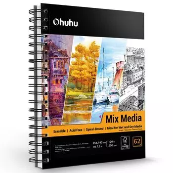 Бумага для акварели Ohuhu Sketchbook 200 г/м 254 мм x 193 мм 62 листа, очень плотная, смешанная техника, альбом для эскизов, средний размер, кольцевой перфорированный маркер
