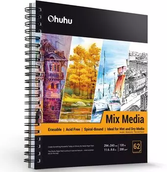Бумага для рисования Ohuhu Sketchbook 200 г/м2 294 мм x 243 мм 62 листа смешанная техника альбом для рисования спиральное кольцо перфорированное цветное для зарисовок иллюстрации Doodle