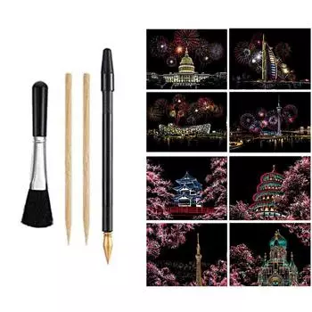 Бумага для скретч-арта и эскизов 8 скретч-карт и ручек для скретч-рисунков чёрный